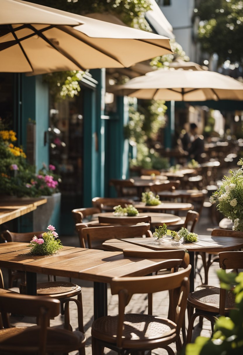 A bustling outdoor cafe with wooden tables and chairs, surrounded by lush greenery and colorful flowers. The sun shines down, casting dappled shadows on the ground