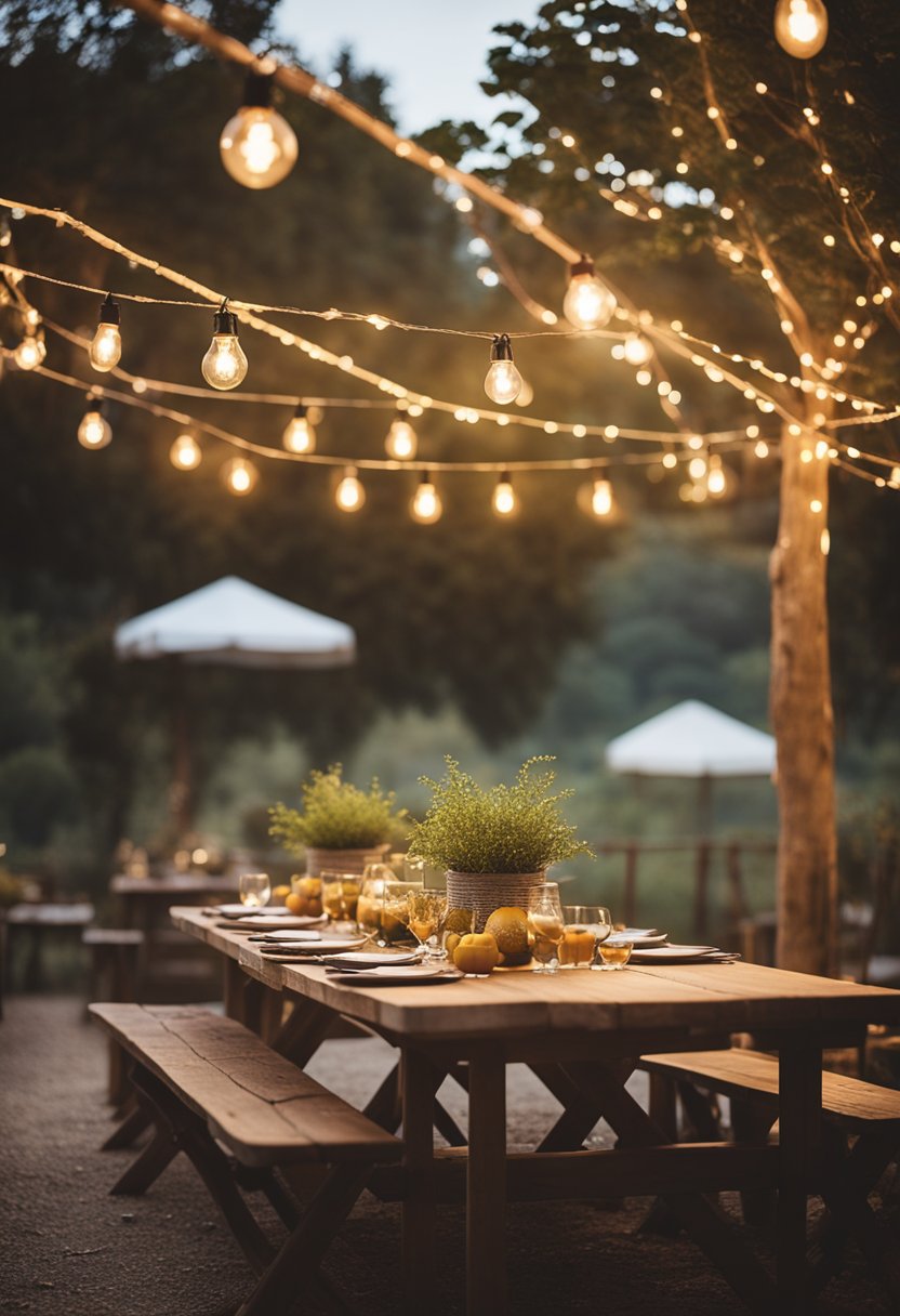 A rustic outdoor dining area with wooden tables, string lights, and a harvest-themed decor. A warm and inviting atmosphere with a view of the countryside