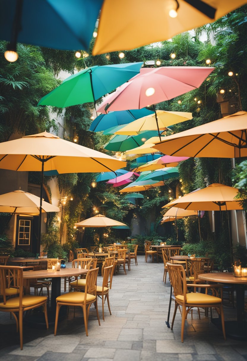 
A bustling area with colorful umbrellas, tables, and chairs, surrounded by lush greenery and twinkling lights, creating a cozy and inviting atmosphere.