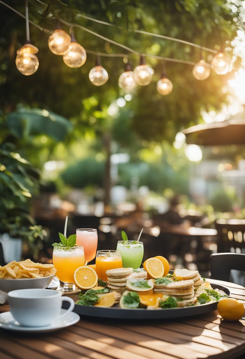 A table set with colorful drinks and food, surrounded by lush greenery and warm sunlight, creating a cozy dining experience.