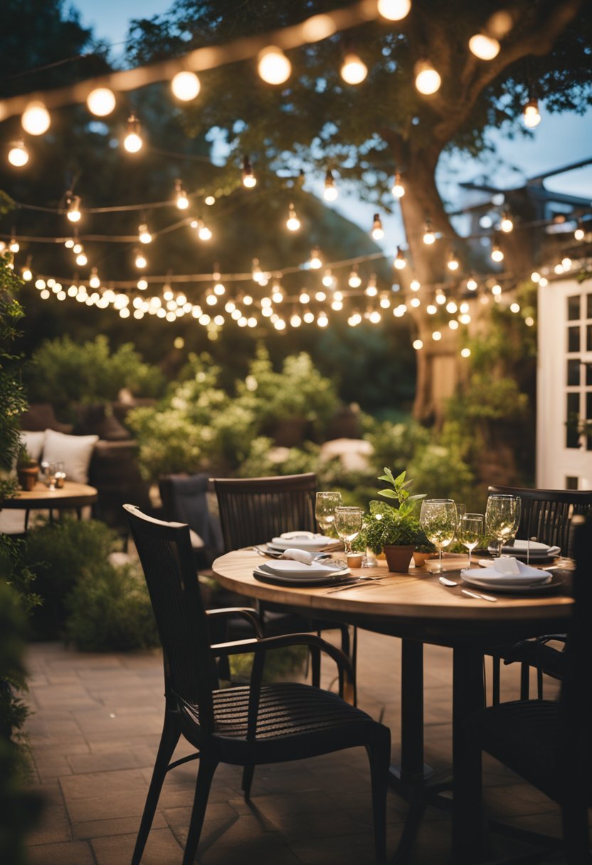 A cozy outdoor patio with string lights, comfortable seating, and lush greenery. A server delivers a delicious meal to a smiling couple enjoying their dining experience