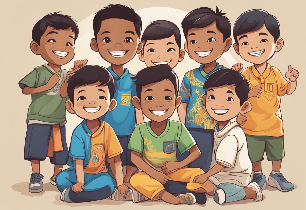 A diverse group of Malaysian boys, smiling and playing together, with traditional Malay names displayed above their heads