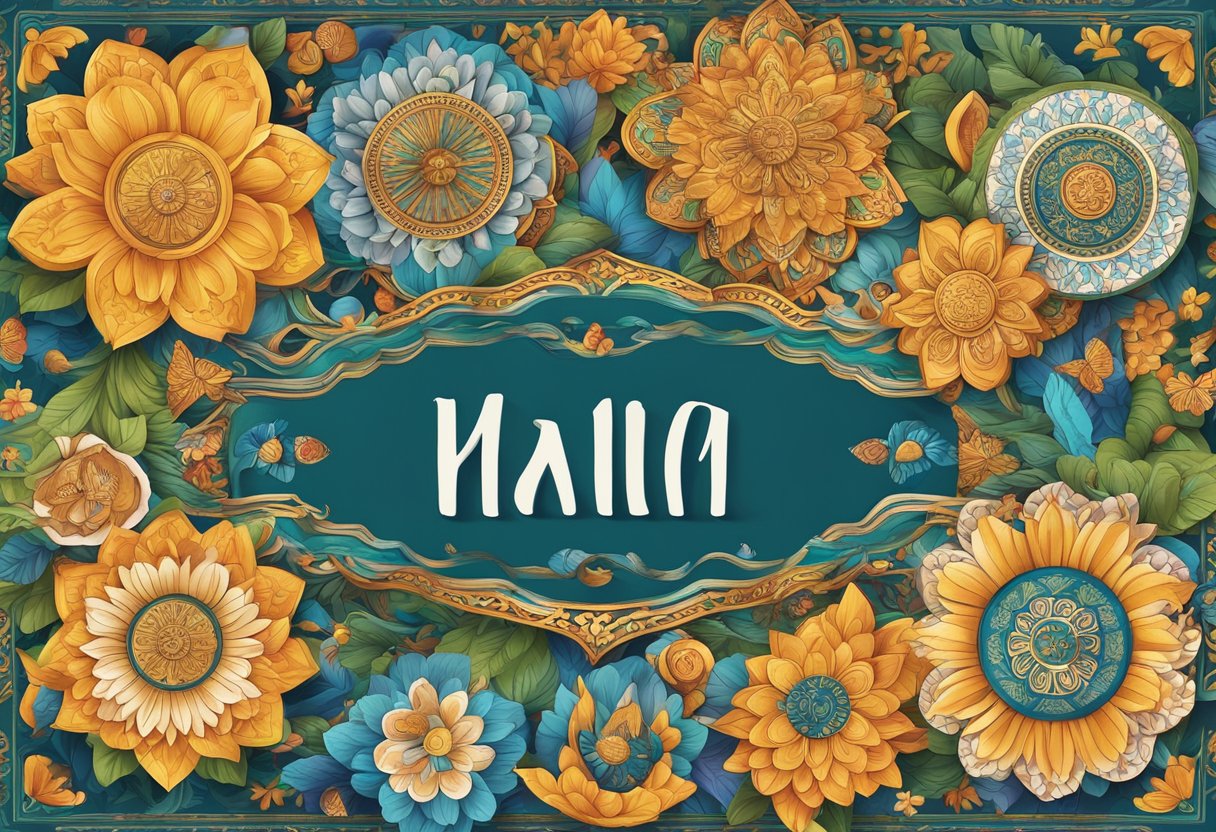 A colorful array of traditional Malaysian boy names adorning a decorative banner, surrounded by symbolic elements such as flowers, patterns, and traditional motifs