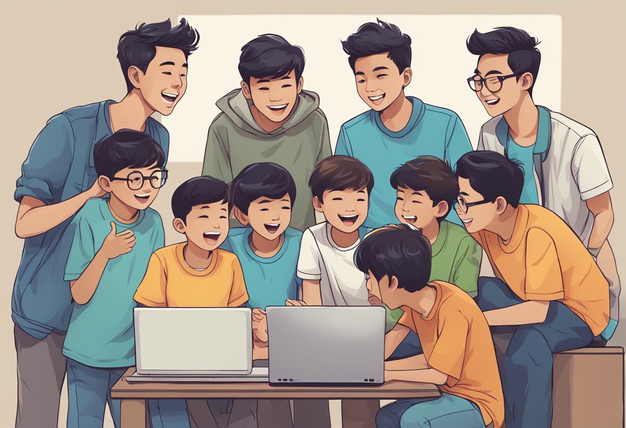 A group of Malaysian boys gather around a computer, discussing and comparing modern Malaysian boy names. They point to the screen, excitedly sharing their favorites