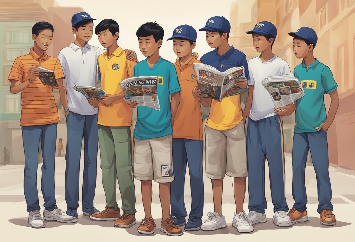 A group of Malaysian boys gather around a magazine cover featuring celebrities and royalty. They eagerly discuss the influence of these figures on popular names