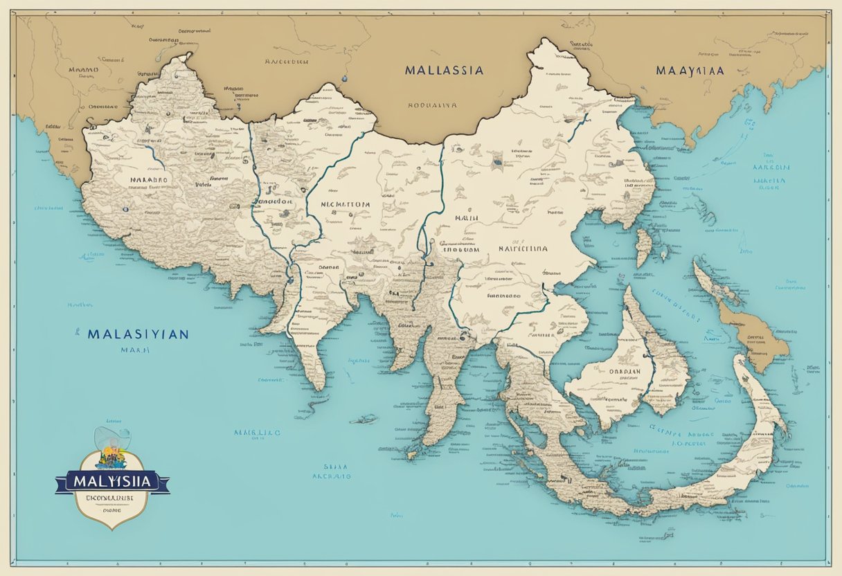 A map of Malaysia with various regions highlighted, each with a list of popular boy names in that area