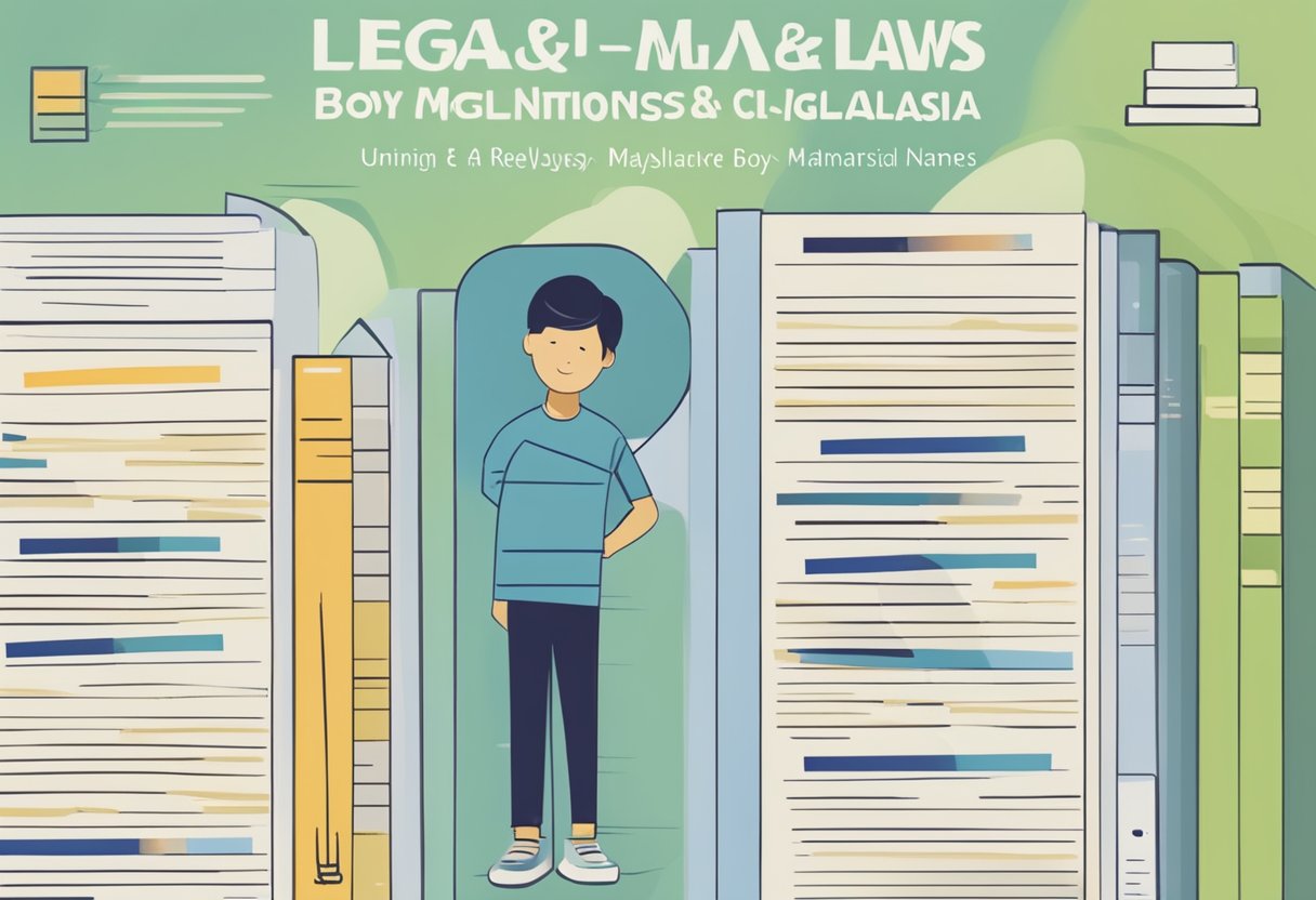 A stack of legal documents with "Naming Laws and Regulations in Malaysia" printed on the cover. A list of Malaysian boy names in bold font