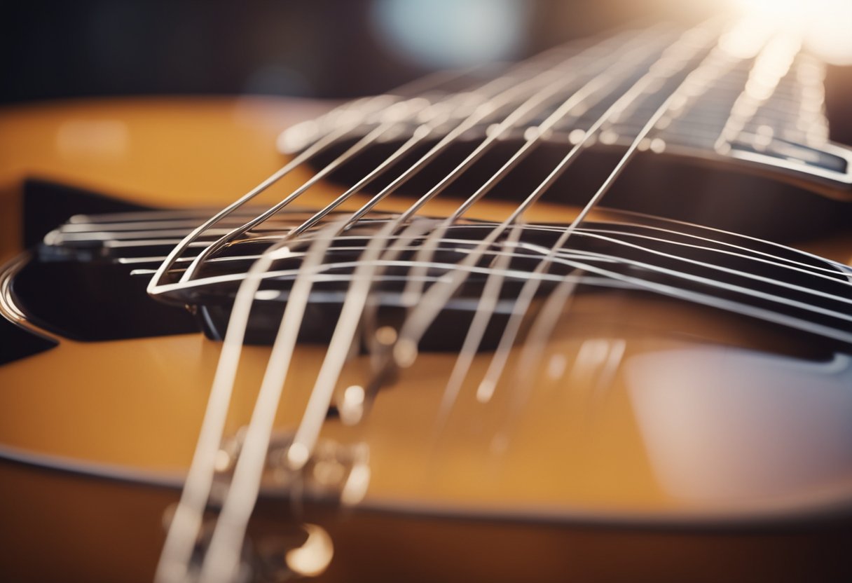 A guitar with strings being strummed, creating beautiful music