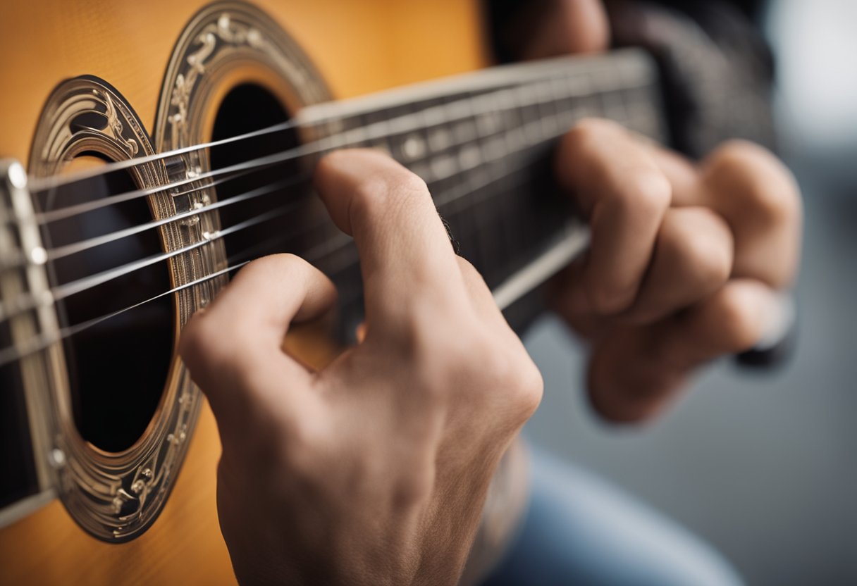 A hand strums a guitar, fingers pressing down on the fretboard to form chords. A FAQ page is open on a computer screen in the background
