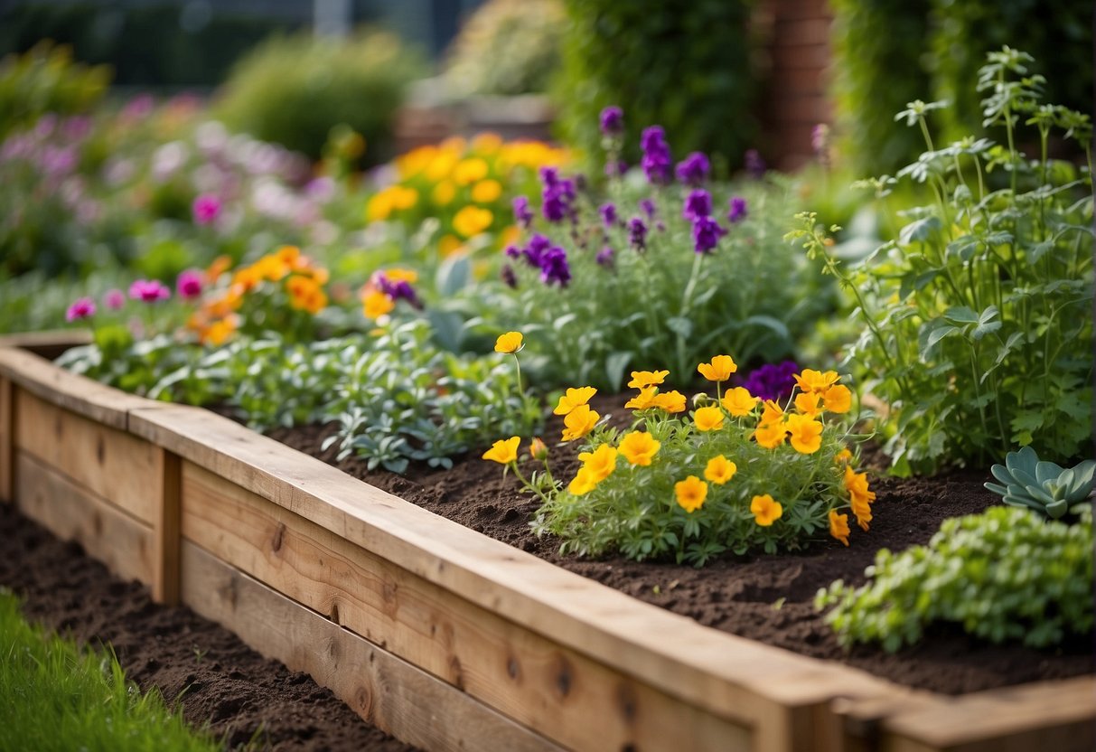 A variety of raised garden bed designs, including tiered, corner, and custom-shaped beds, surrounded by lush greenery and colorful flowers