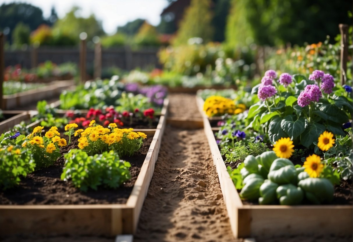 A variety of vibrant flowers and vegetables fill the raised beds, creating a colorful and bountiful garden. Tall trellises support climbing plants, while neatly arranged pathways allow for easy access and maintenance