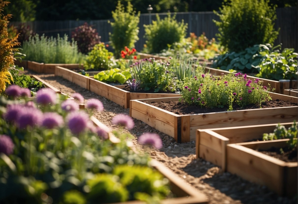 A variety of raised garden beds in different shapes and sizes, filled with vibrant flowers, herbs, and vegetables, surrounded by neatly trimmed pathways and bordered by decorative fencing