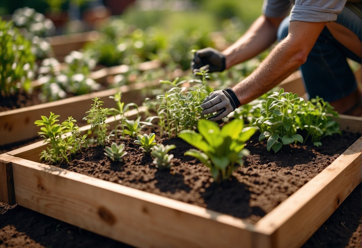 A raised garden bed surrounded by various plants, with a person inspecting the soil for any common issues