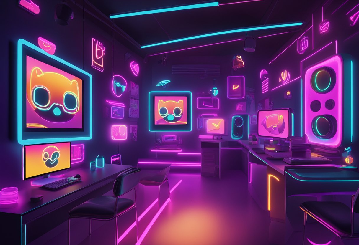 A dark, neon-lit room with screens displaying the "baddiehub" TikTok logo and trending videos