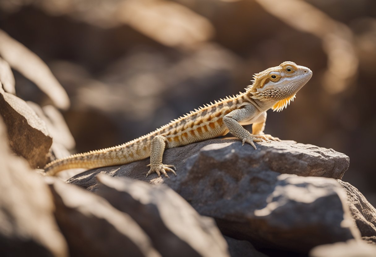 A translucent bearded dragon perches on a rocky outcrop, its scales shimmering in the sunlight