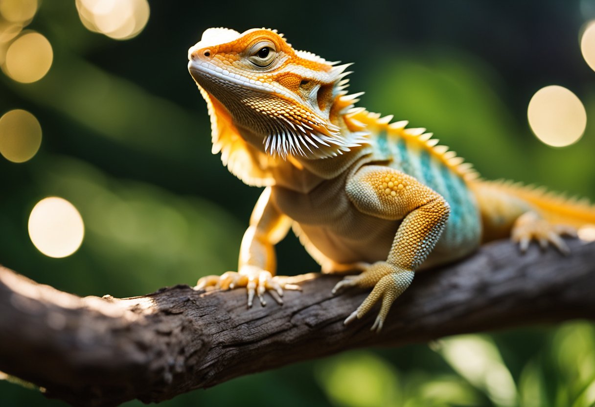 A translucent bearded dragon stands on a branch, its skin glowing with a faint shimmer. The sunlight filters through its delicate scales, creating a mesmerizing display of colors