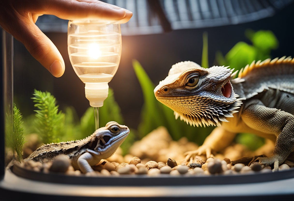A hand gently places a heat lamp over a tank of translucent bearded dragons, while another hand carefully sprinkles food into their habitat