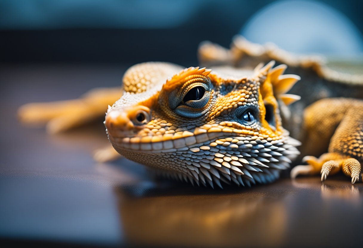 A bearded dragon basking under a heat lamp, its translucent skin glowing in the warm light