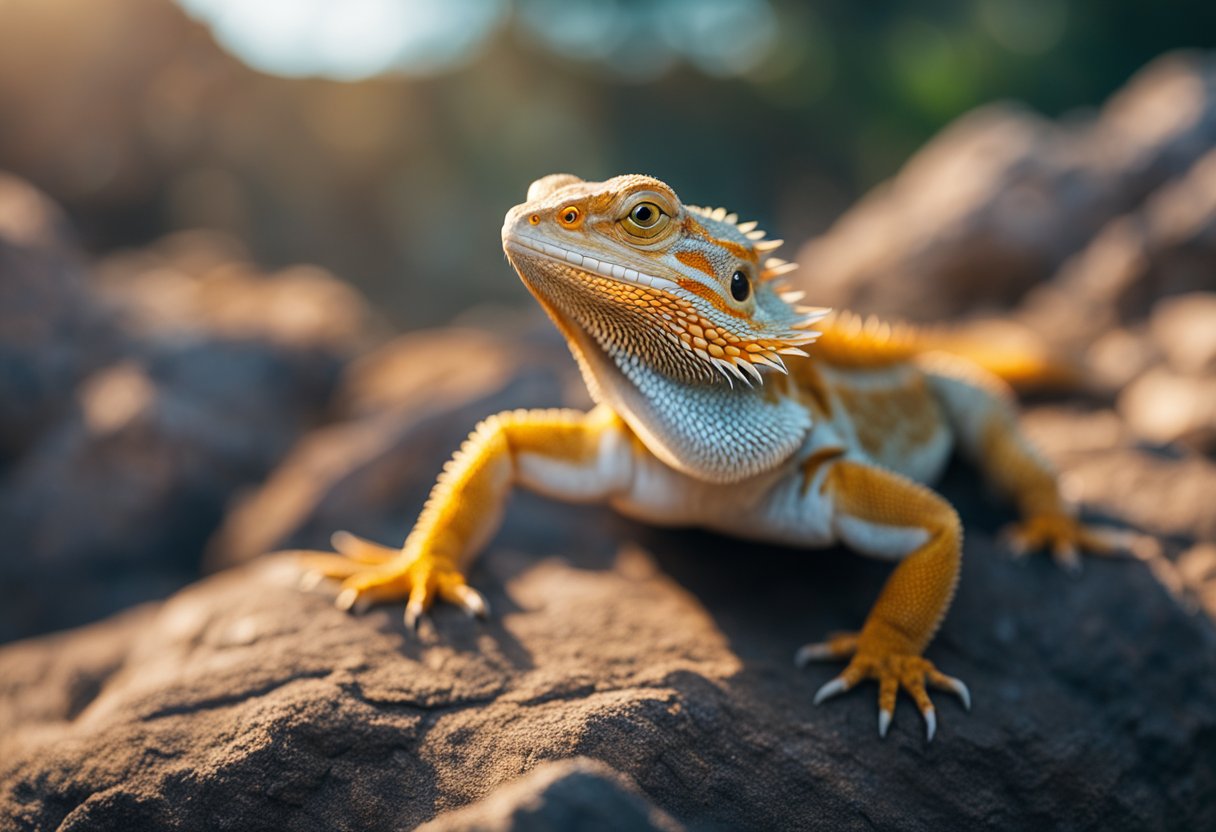 A bearded dragon basking under a heat lamp on a rocky surface, its translucent skin glowing in the warm light
