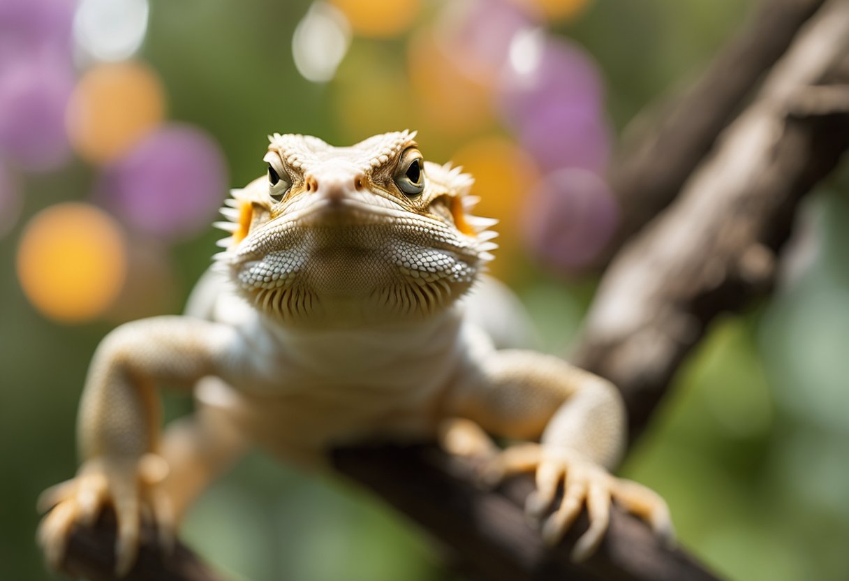 A translucent bearded dragon perched on a branch, surrounded by a collection of frequently asked questions floating in the air