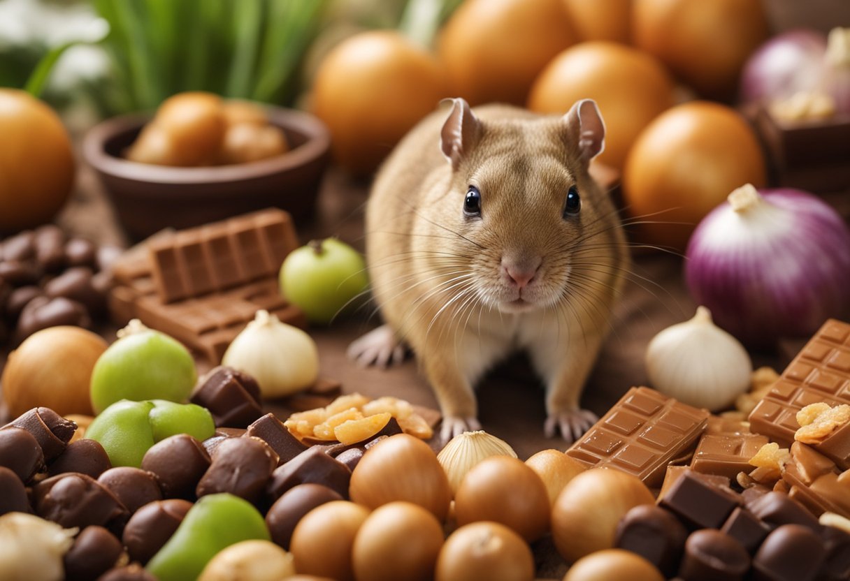 Gerbils surrounded by unsafe foods like chocolate and onions, with a clear "X" over each item