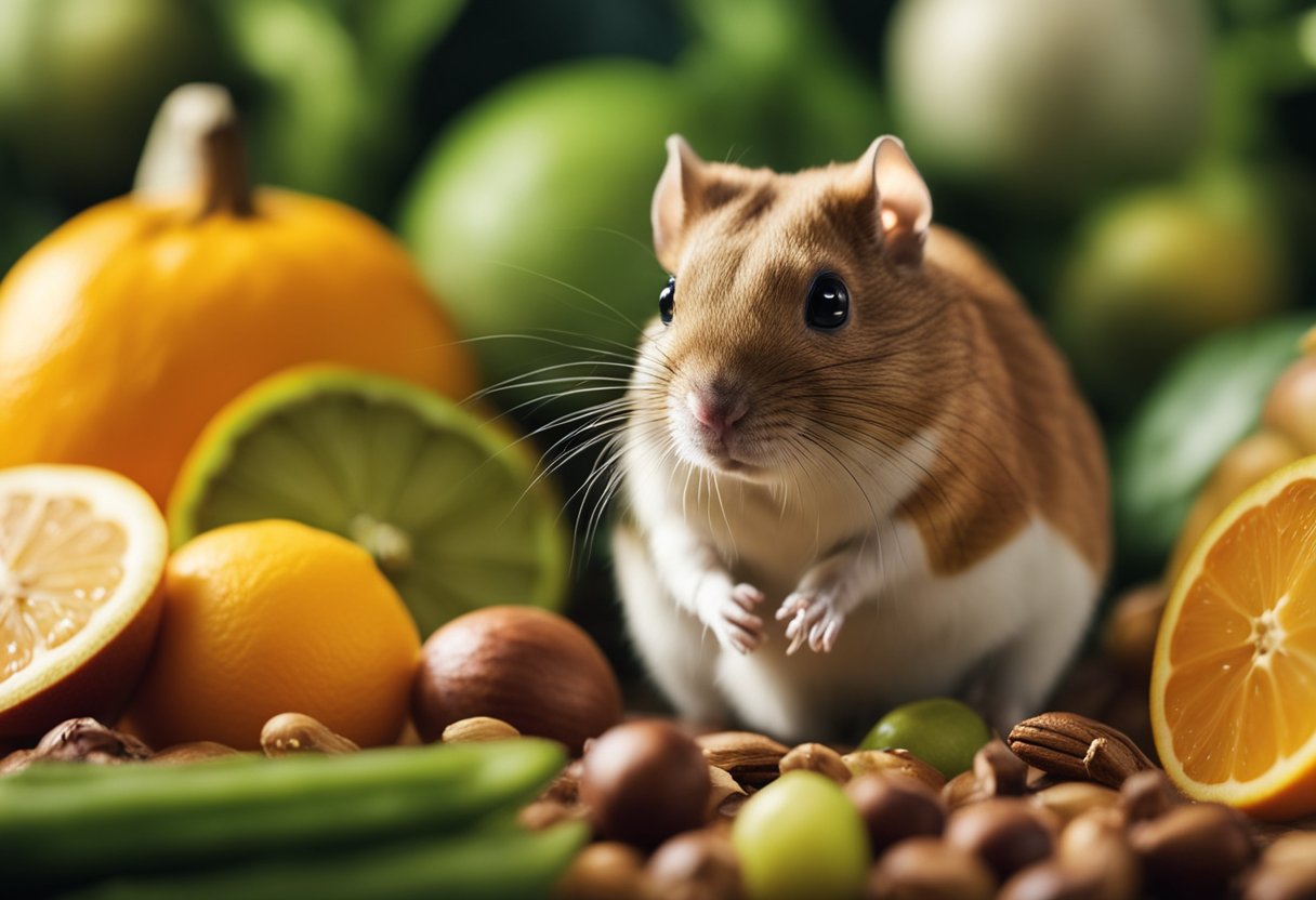 Gerbils surrounded by foods like chocolate, citrus fruits, and onions, with a big X mark over them