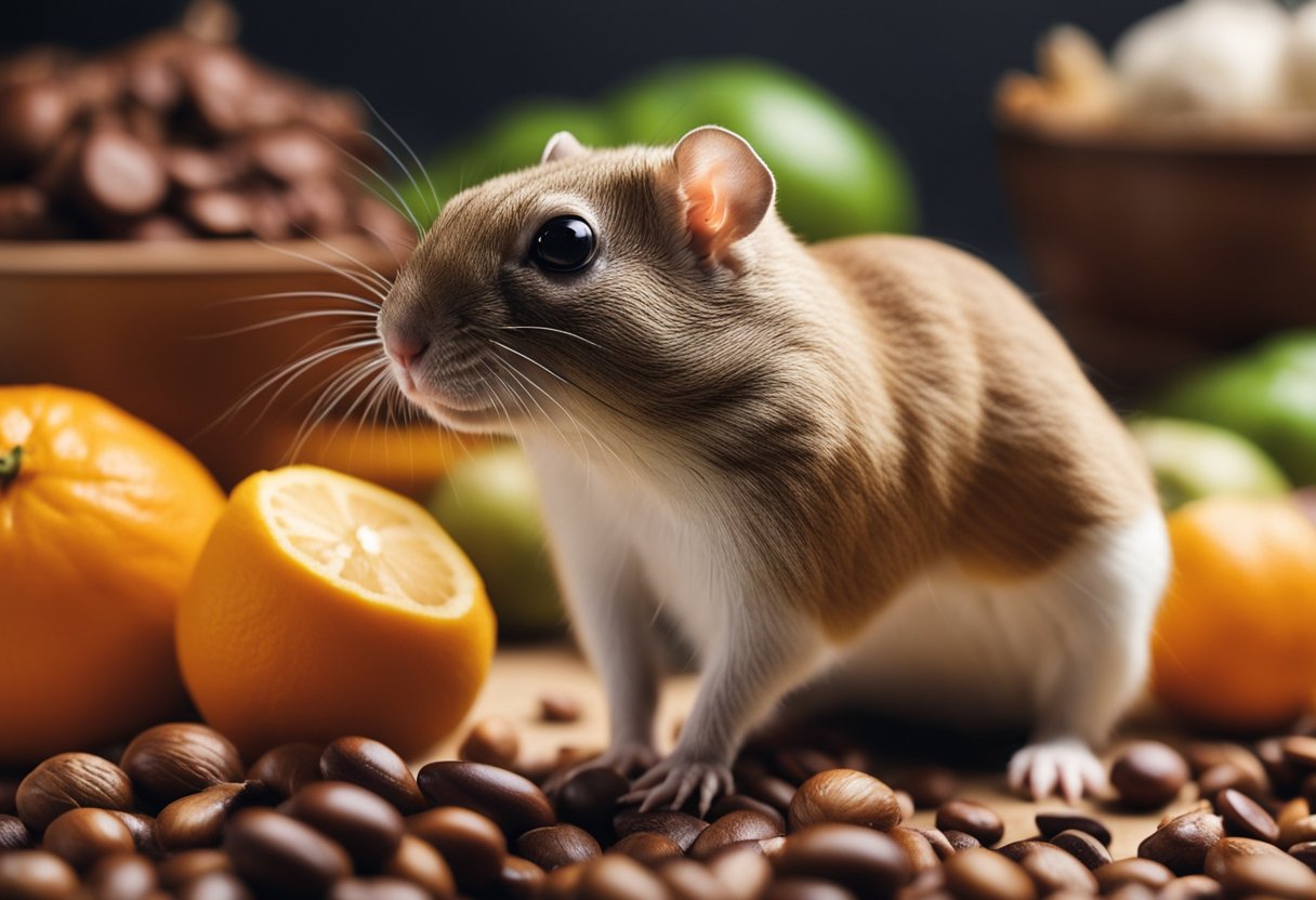 Gerbils surrounded by toxic foods: chocolate, caffeine, citrus, garlic, onions, and raw beans