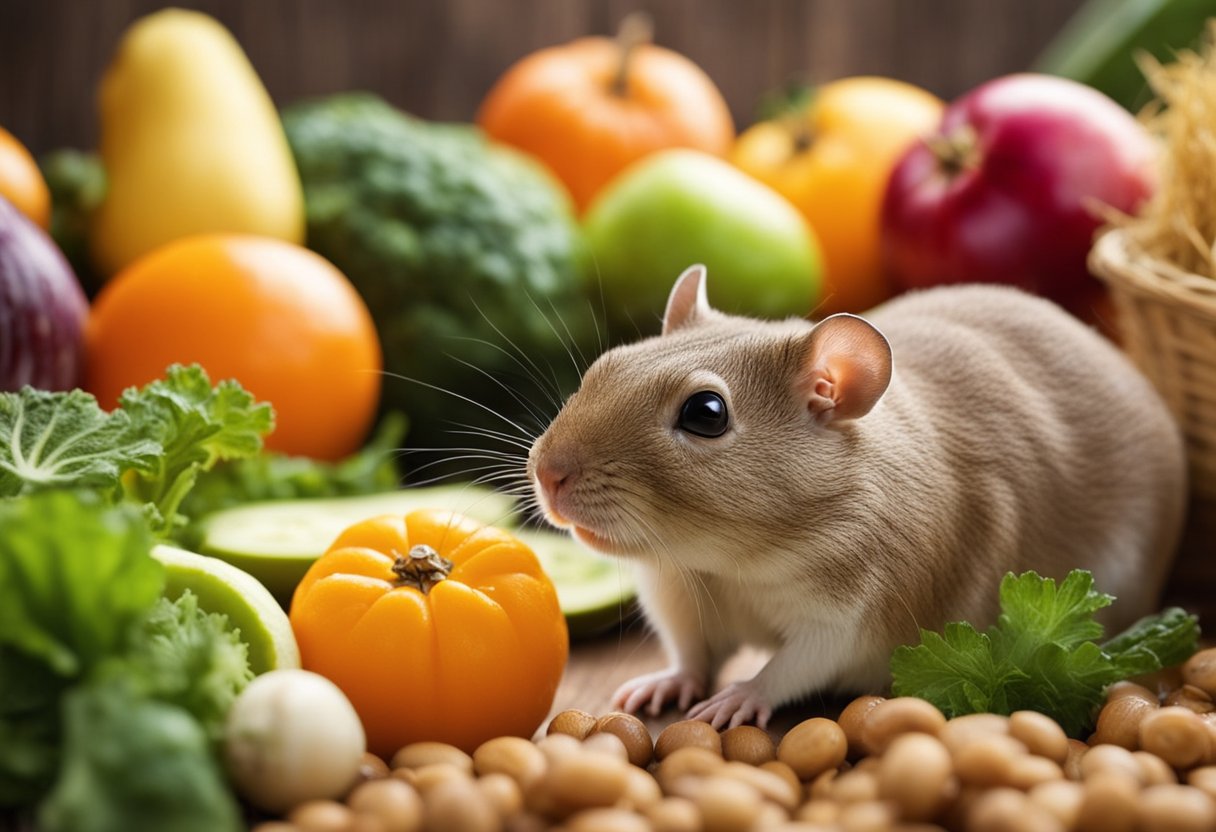 Gerbils surrounded by safe foods: fresh vegetables, fruits, and hay. Avoiding toxic items like chocolate, caffeine, and citrus fruits