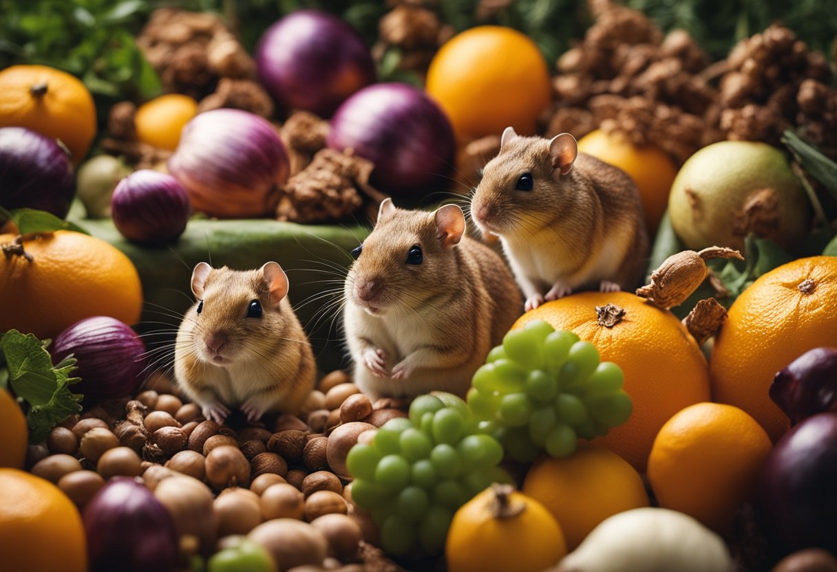 Gerbils surrounded by forbidden foods like chocolate, citrus, and onions
