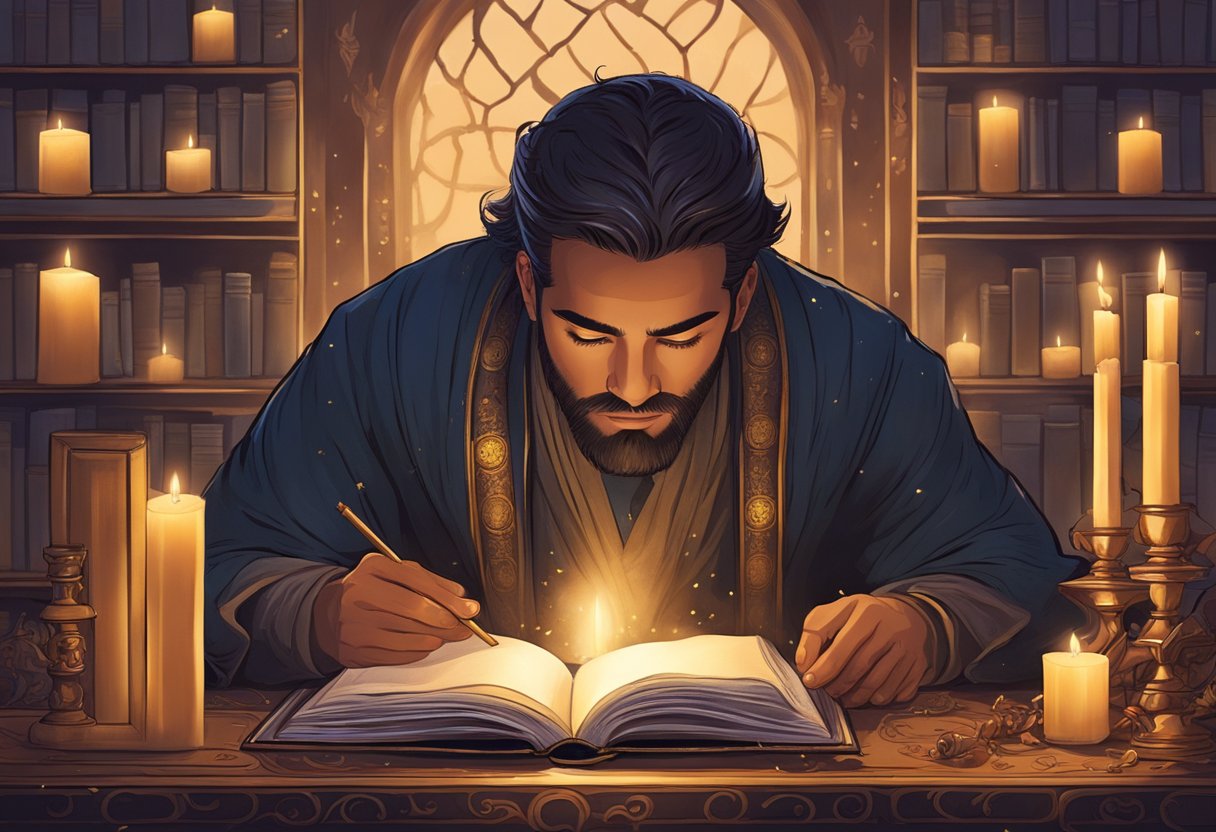 A scorpio man engrossed in a mysterious book, surrounded by candles and incense, with intense focus in his eyes