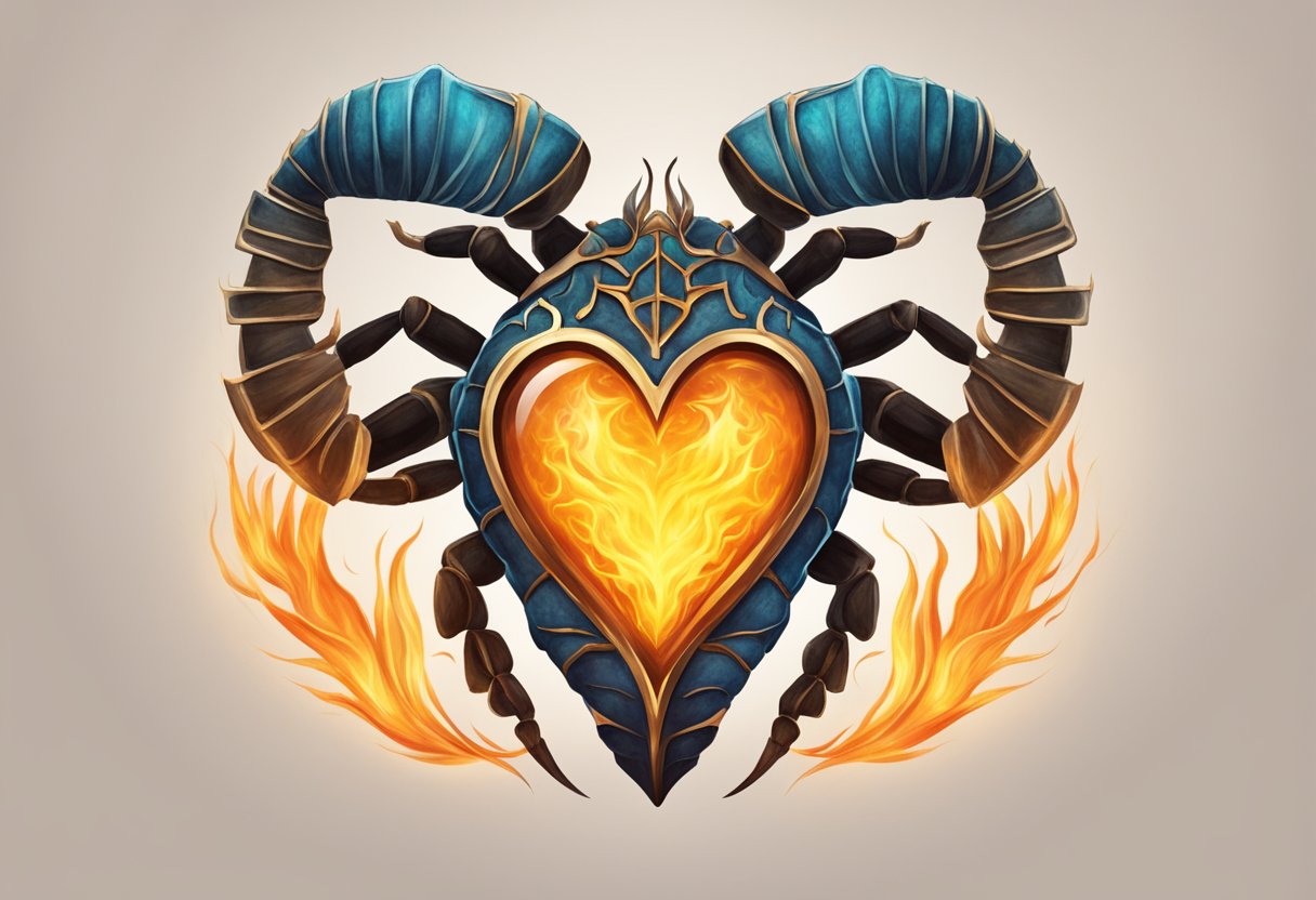 A scorpio symbol surrounded by flames, with a heart at its center, radiating intense energy and passion