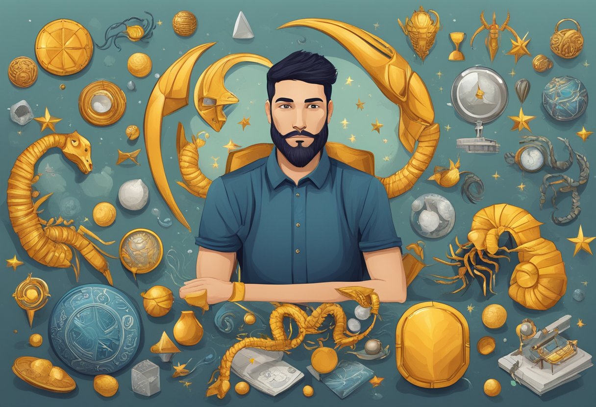 A scorpio man surrounded by unique symbols and objects that reflect his individuality and keep him intrigued