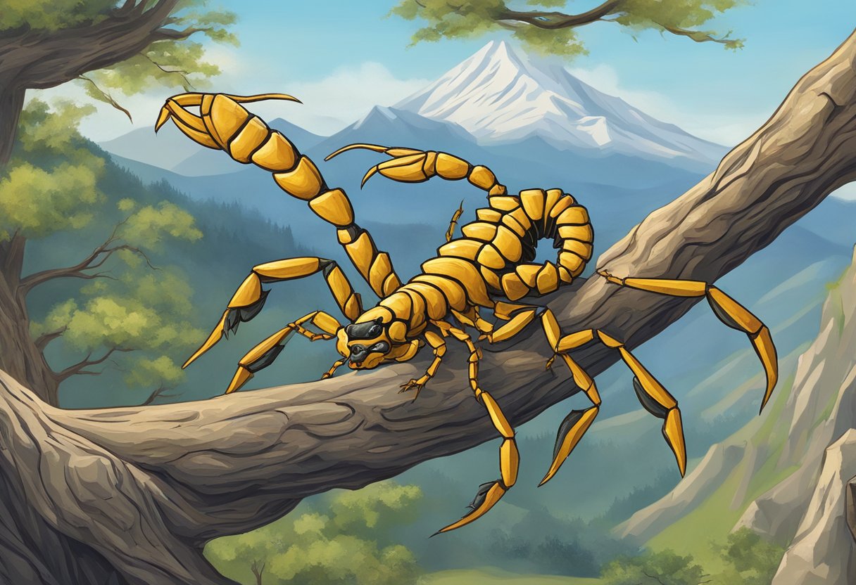 A scorpion clinging to a sturdy branch, its tail curled and ready to strike. In the distance, a mountain peak symbolizing long-term goals