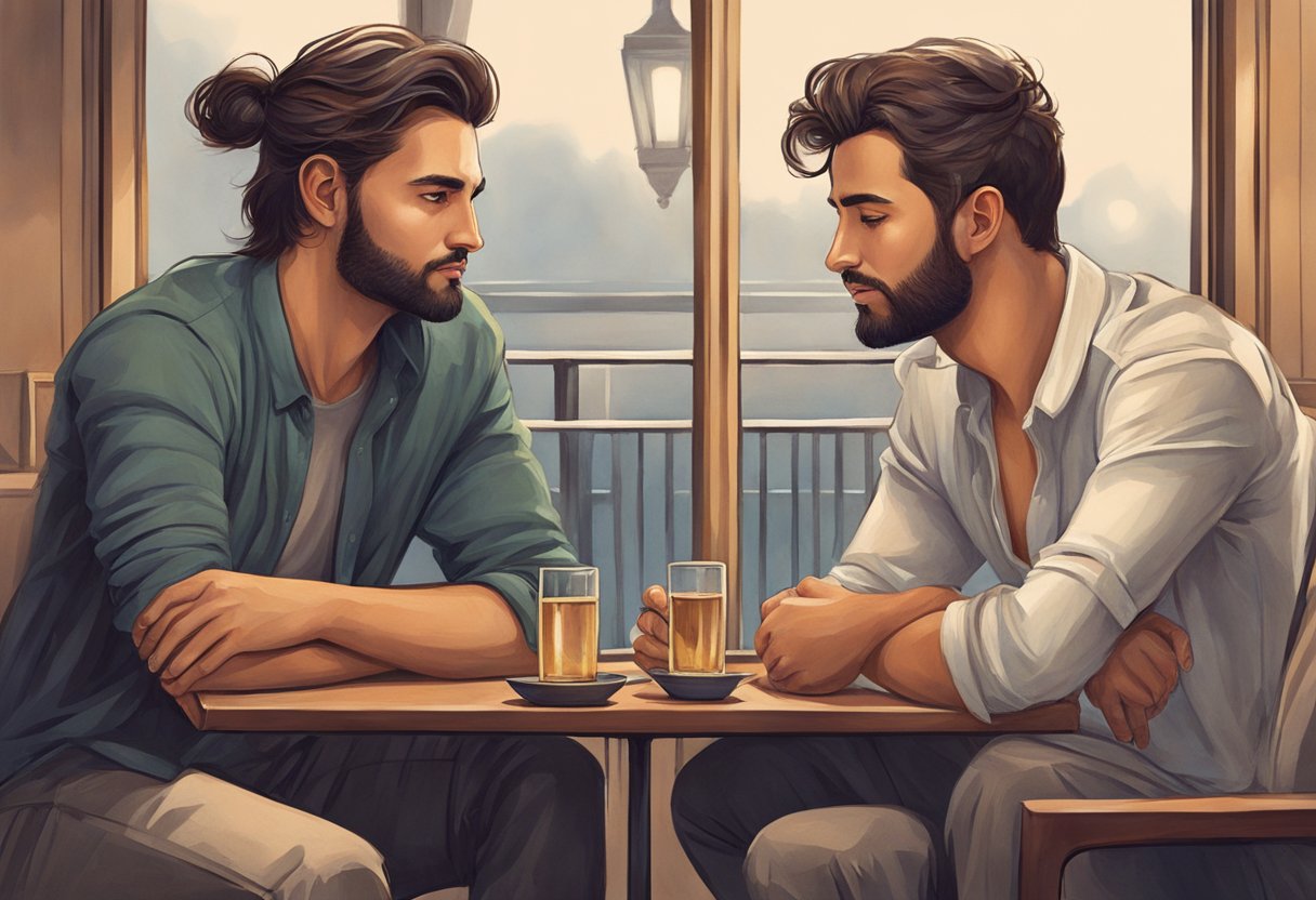 A Scorpio man and his partner engaged in deep conversation, making eye contact and leaning in towards each other. The atmosphere is intimate and intense, with a sense of mutual understanding and connection