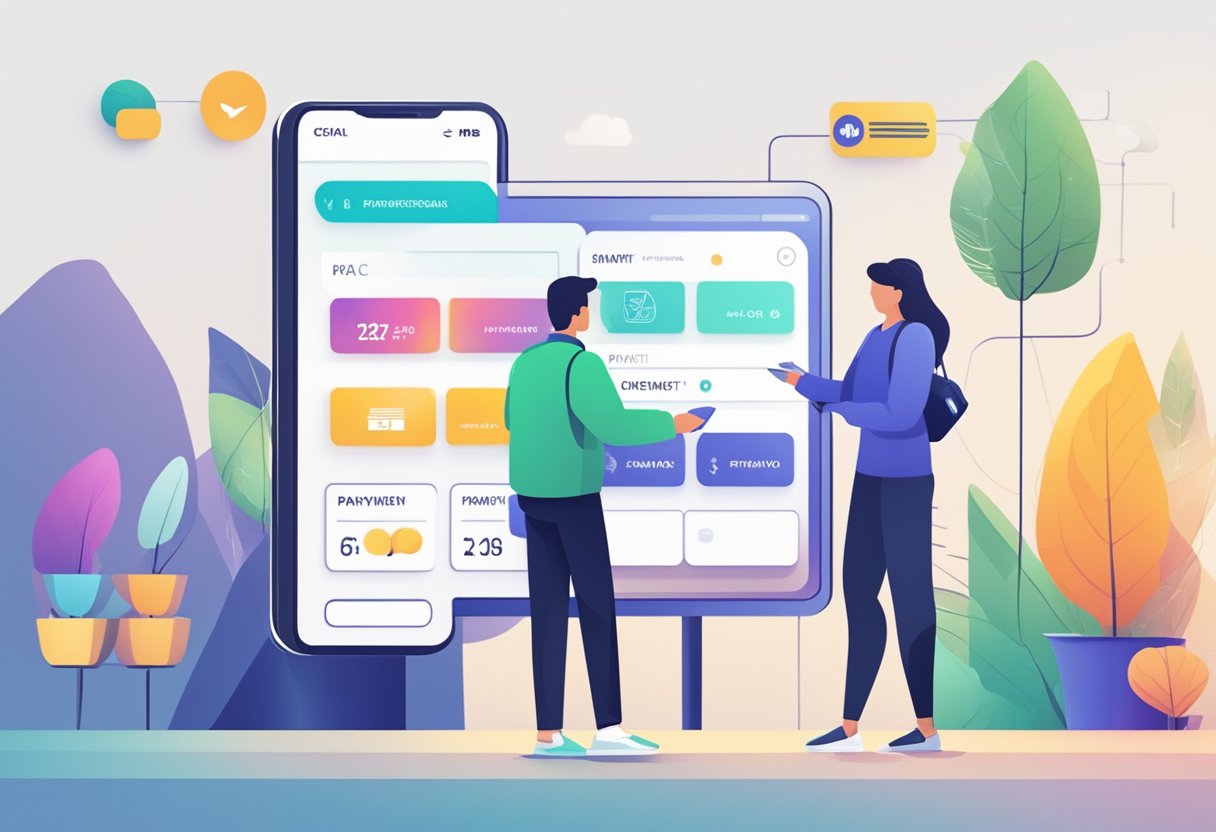 An electronic payment platform connects merchants and customers, facilitating seamless transactions. The interface displays various payment options and provides real-time transaction tracking