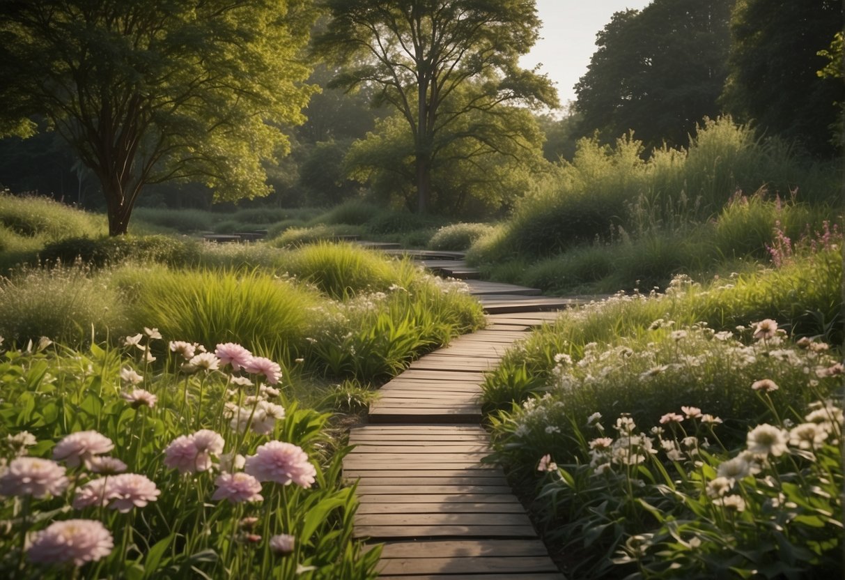 A serene landscape with a winding path leading to a tranquil pond, surrounded by lush greenery and blooming flowers, symbolizing the challenges and solutions in mindfulness practice