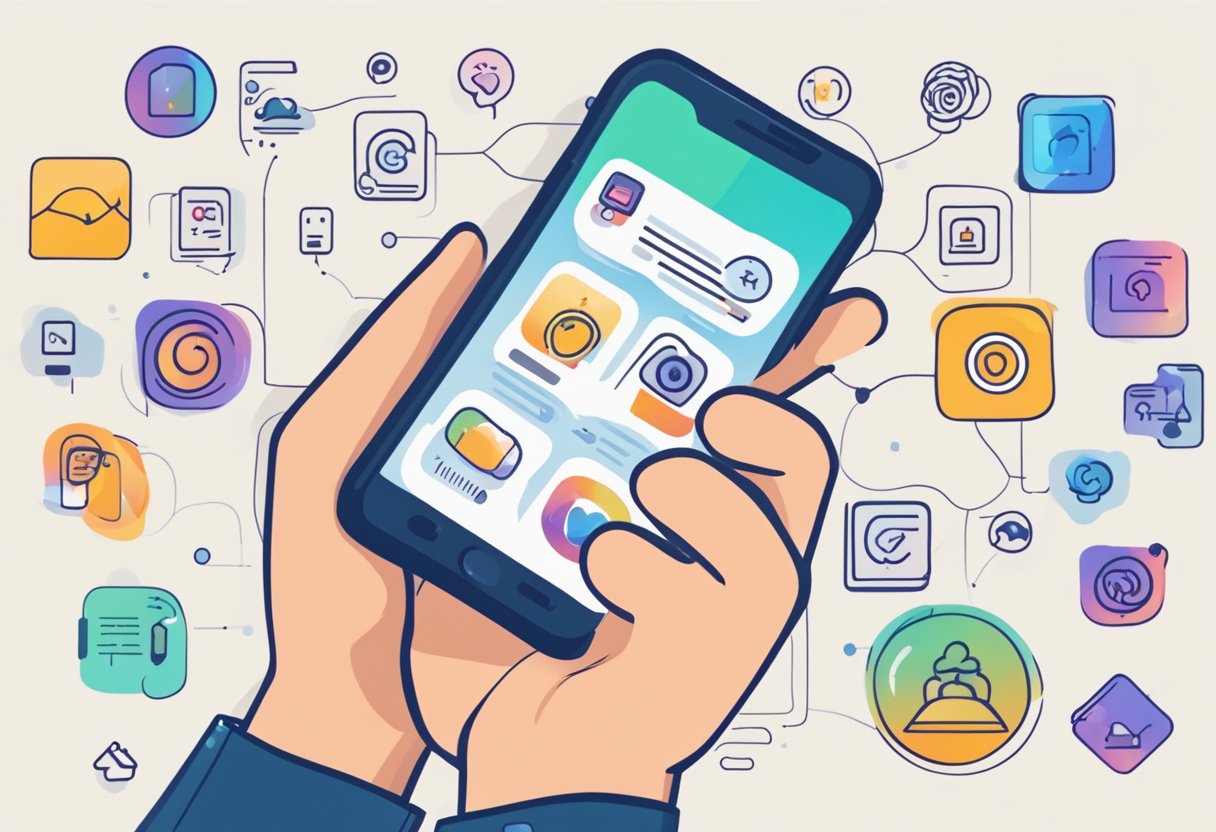 A hand holding a smartphone with an engaging Instagram post on the screen, surrounded by icons representing various strategies for gaining followers
