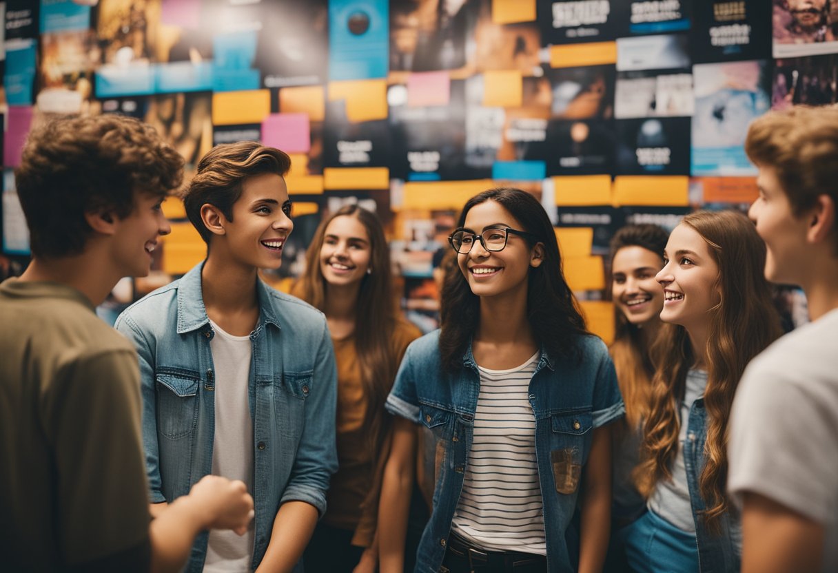 A group of teenagers engage in a lively discussion, surrounded by colorful posters and inspiring quotes. The room is filled with energy and excitement as they explore the world of Mindvalley for Teens