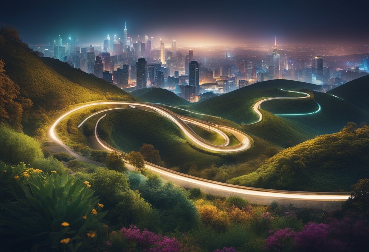 A colorful, dynamic landscape with a winding path leading to a glowing, futuristic city. Surrounding nature is lush and vibrant, symbolizing growth and potential