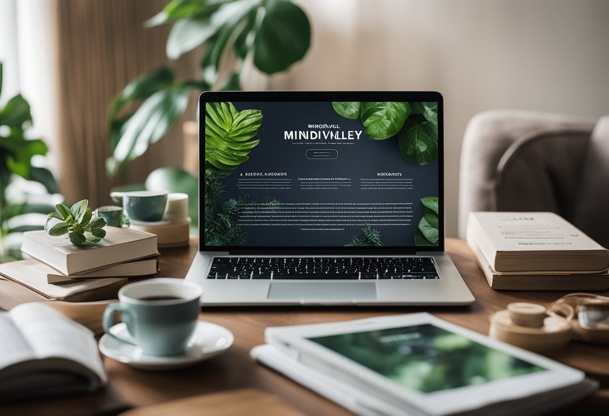 A laptop displaying Mindvalley's homepage, surrounded by books, plants, and a cozy blanket