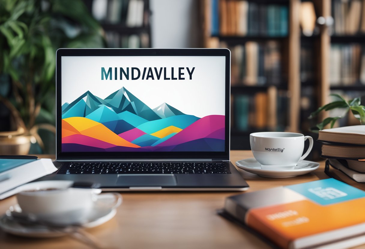 A laptop with a vibrant Mindvalley logo on the screen, surrounded by books, a journal, and a cup of coffee