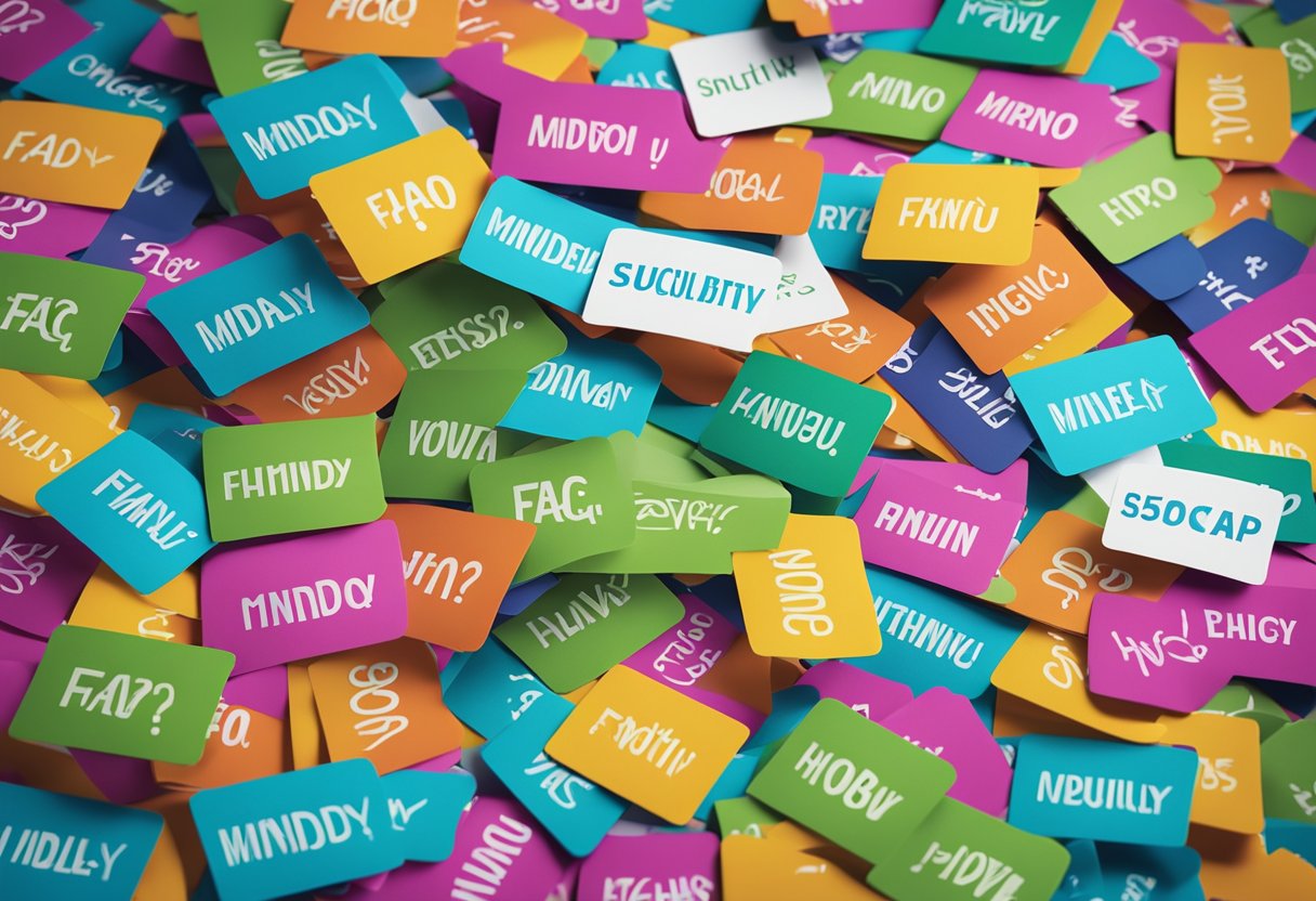 A stack of colorful FAQ cards with "Mindvalley Subscription" written on them, surrounded by a group of diverse people with question marks above their heads