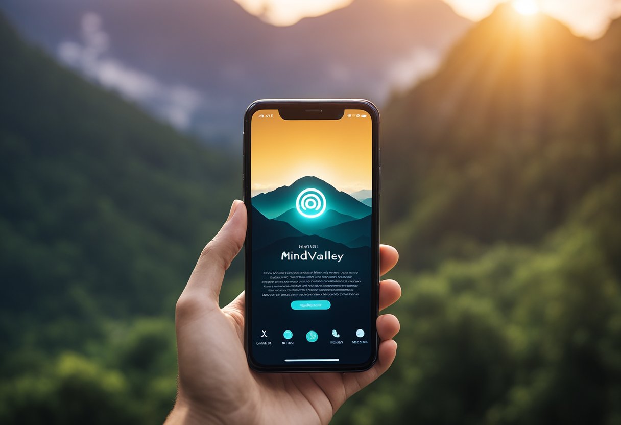The Mindvalley meditation app logo glowing on a smartphone screen, with peaceful nature background and soft ambient lighting