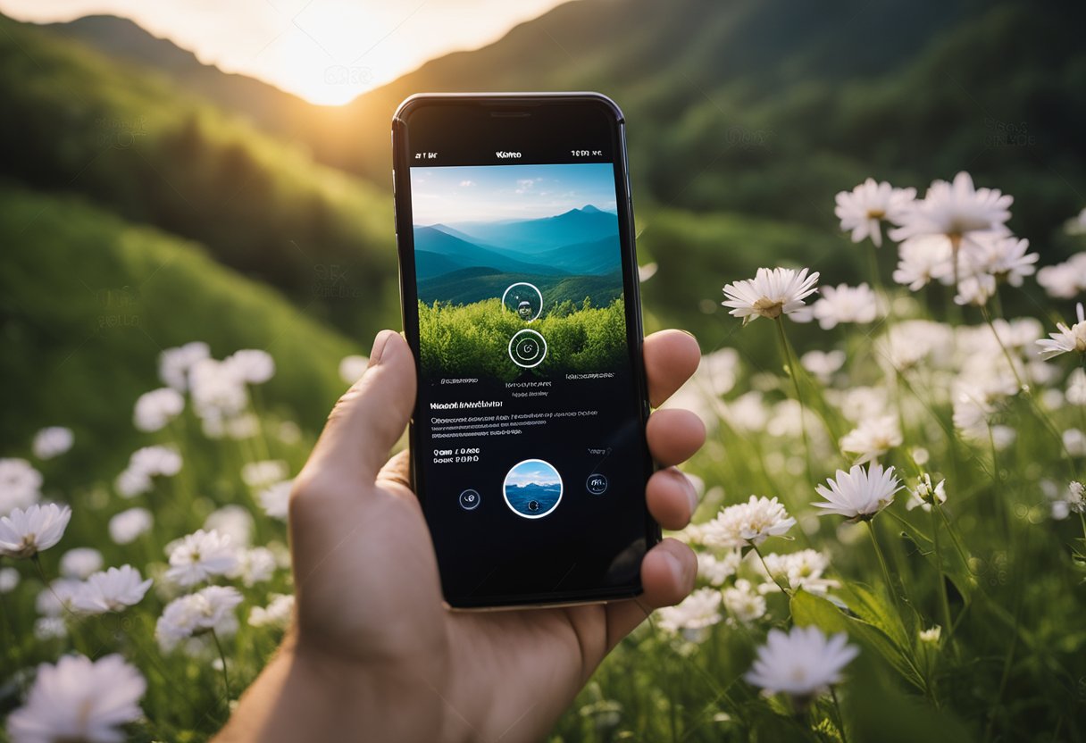 A smartphone with the Mindvalley Meditation app open, surrounded by peaceful nature and soft lighting