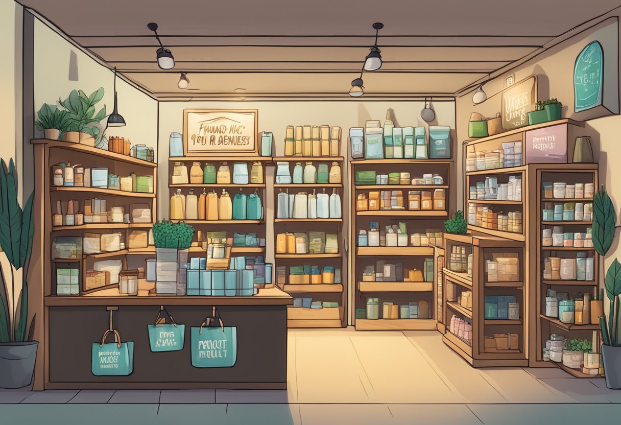 A small retail store with shelves of unique products, a cozy atmosphere, and a sign reading "Finding Your Niche: Product Ideas for Small Retail Businesses."