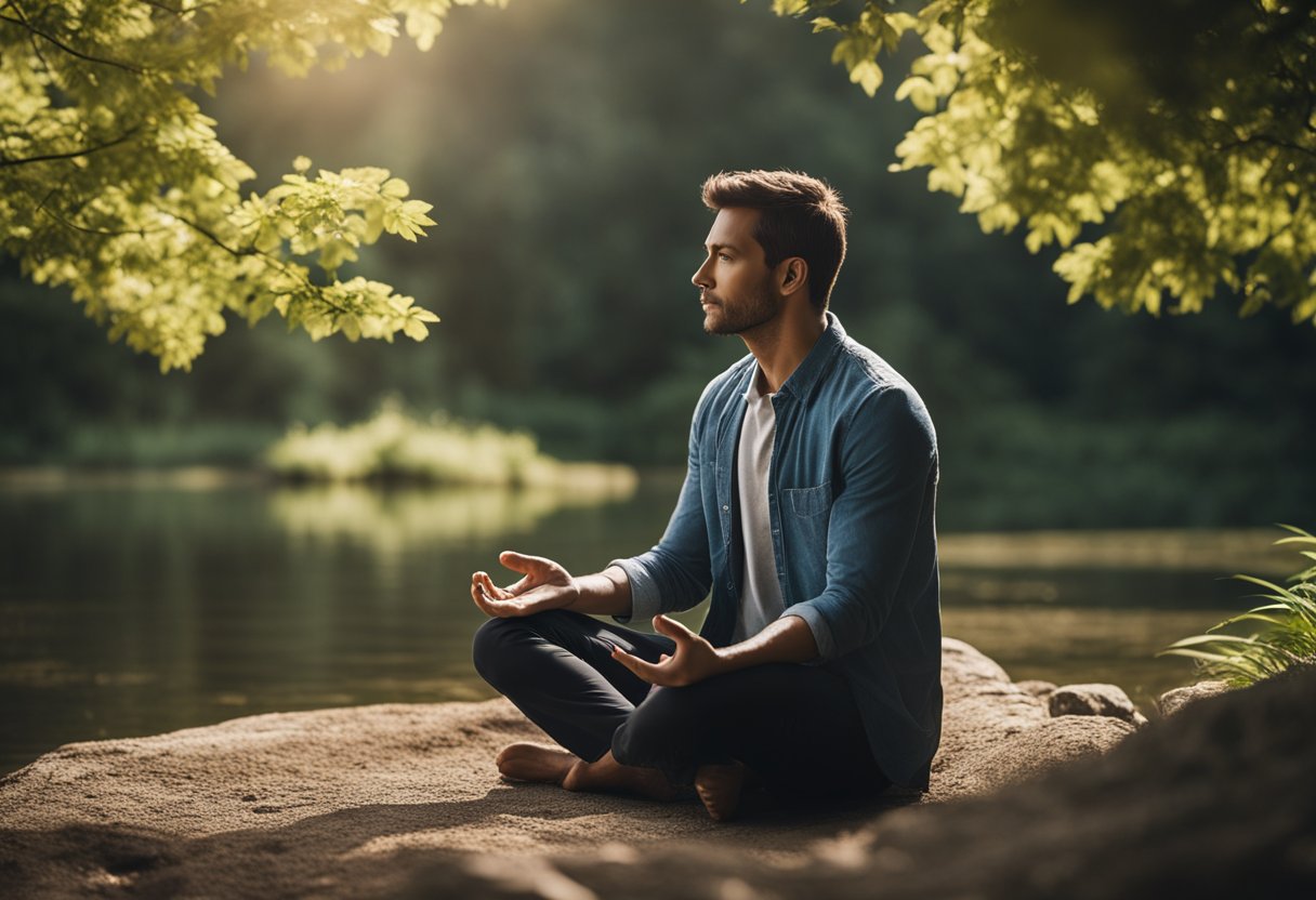 A serene setting with a person meditating, surrounded by nature and peaceful surroundings, with a sense of inner calm and focus