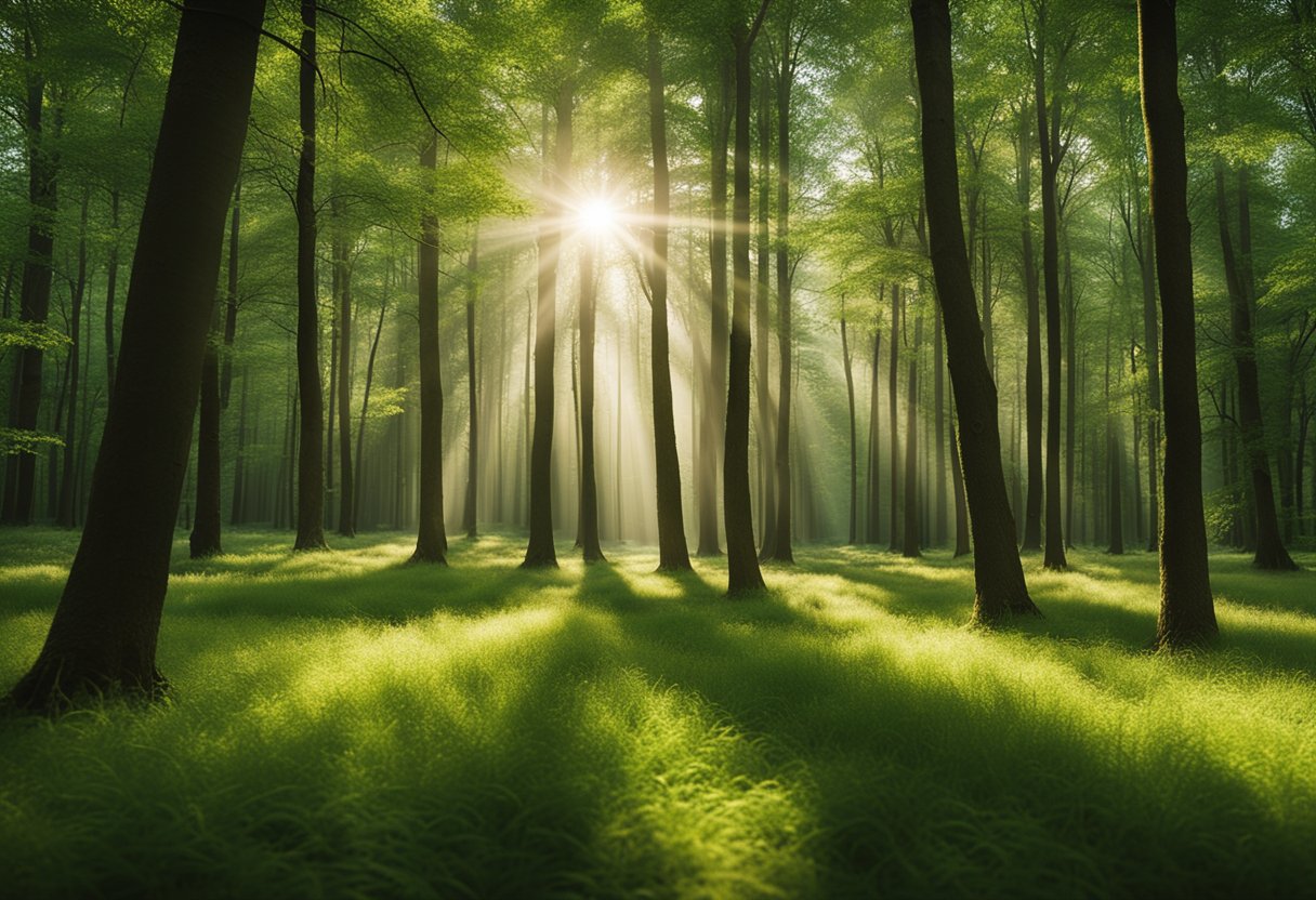 A serene forest clearing, with sunlight filtering through the tall trees, creating dappled patterns on the lush green grass. A sense of tranquility and peace permeates the scene