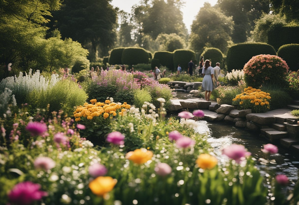 A serene garden with a flowing stream and vibrant flowers, surrounded by people smiling and engaged in deep conversation