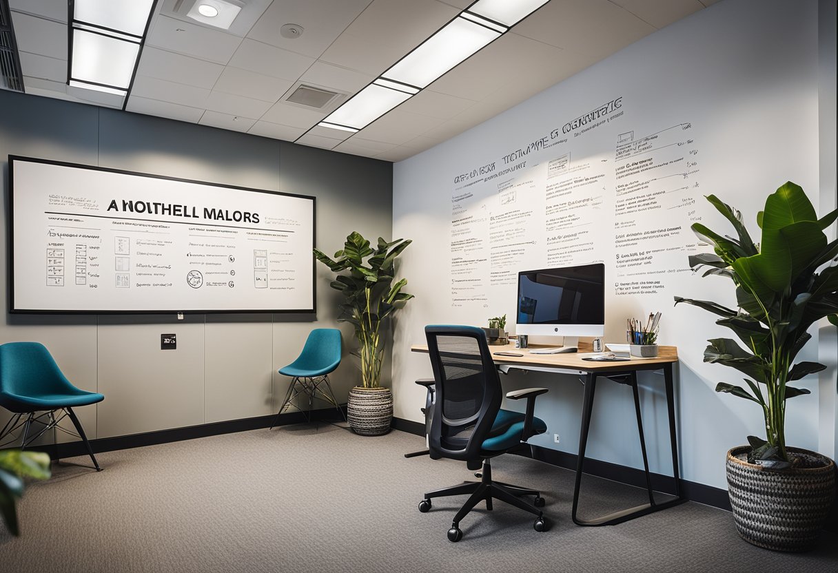 A vibrant, modern office space with motivational quotes on the walls, a cozy seating area, and a whiteboard filled with goal-setting diagrams