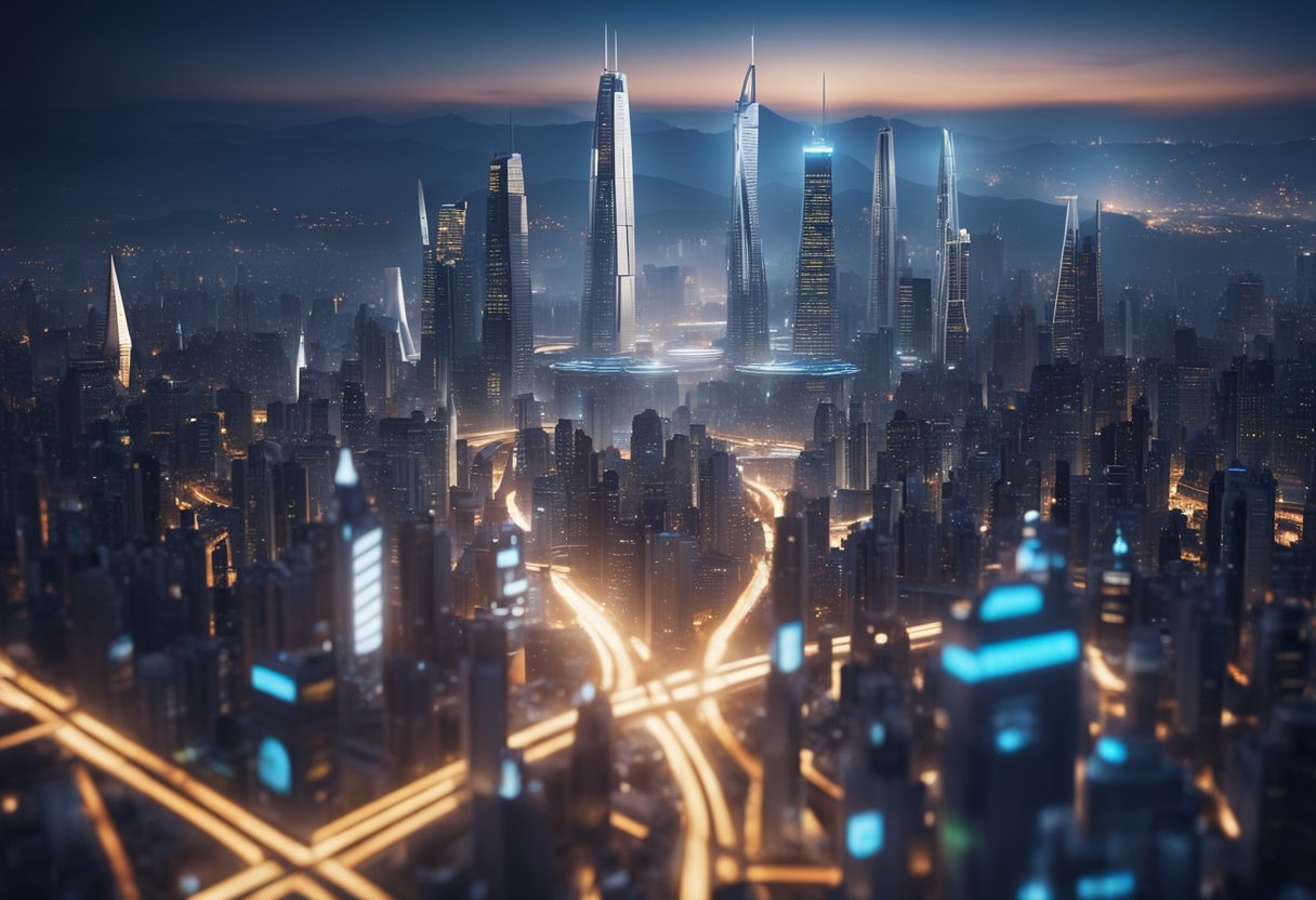 A vibrant, futuristic cityscape with glowing skyscrapers and flying vehicles, exuding an atmosphere of innovation and limitless potential